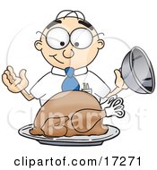 Hungry Male Caucasian Office Nerd Business Man Mascot Cartoon Character Eyeing A Cooked Thanksgiving Turkey On A Platter