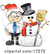 Clipart Picture Of A Male Caucasian Office Nerd Business Man Mascot Cartoon Character With A Snowman On Christmas