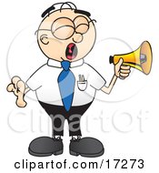 Clipart Picture Of A Loud Male Caucasian Office Nerd Business Man Mascot Cartoon Character Screaming Into A Megaphone