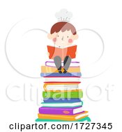 Poster, Art Print Of Kid Boy Chef Reading Sit Pile Books Illustration