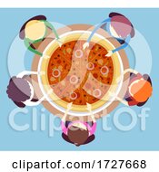 People Man Girl Big Pizza Top View Illustration