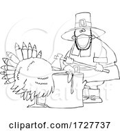 Cartoon Male Pilgrim Wearing A Mask And Butchering A Turkey