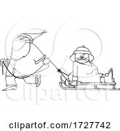 Poster, Art Print Of Cartoon Santa Wearing A Face Mask And Pulling Mrs Claus On A Sled