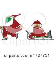 Poster, Art Print Of Cartoon Santa Wearing A Mask And Pulling Mrs Claus On A Sled