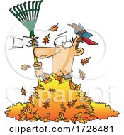 Cartoon Man Waving A White Rake Flag In A Pile Of Autumn Leaves