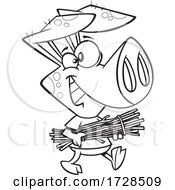 Cartoon Lineart Pig Carrying Sticks From The Three Little Pigs
