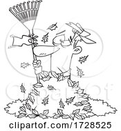Cartoon Outline Man Waving A White Rake Flag In A Pile Of Autumn Leaves