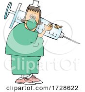 Cartoon Tired Nurse Wearing A Mask And Carrying A Giant Syringe