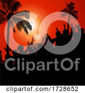 Poster, Art Print Of Silhouette Crowd And Palm Trees On Red Background