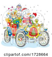 Poster, Art Print Of Snowman Driving An Antique Car Full Of Toys