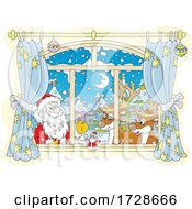 Poster, Art Print Of Christmas Santa And Reindeer At A Window