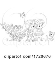 Poster, Art Print Of Puppy And Bird With Children Moving A Tree On A Sled