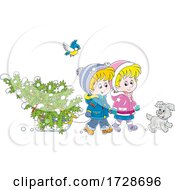 Puppy And Bird With Children Moving A Tree On A Sled