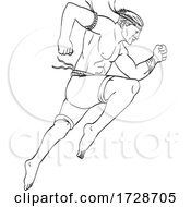 Poster, Art Print Of Muay Thai Or Thai Boxing Fighter Jumping Striking With Knee Side Tattoo Style Black And White