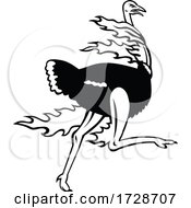 Common Ostrich Running While On Fire Viewed From Side Mascot Black And White by patrimonio