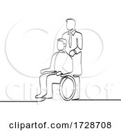 Poster, Art Print Of Patient Sitting On Wheelchair With Doctor Or Nurse Caregiver Continuous Line Drawing