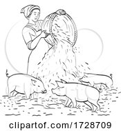 Female Peasant Farmer Feeding Pigs Line Art Drawing Black And White