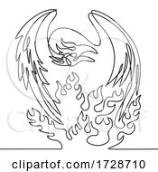 Poster, Art Print Of Phoenix A Mythological Bird That Cyclically Regenerates On Fire Front View Continuous Line Drawing Black And White