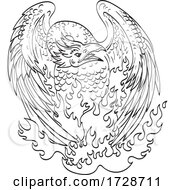Poster, Art Print Of Phoenix A Mythological Bird That Cyclically Regenerates On Fire Front View Line Art Drawing Black And White