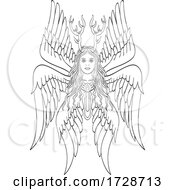 Poster, Art Print Of Seraph Or Seraphim A Six Winged Fiery Angel With Six Wings And Deer Antlers Tattoo Style Black And White