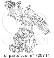 Poster, Art Print Of Raven Perching On Top Of Human Skull Dripping With Earthworm Or Borrowing Worm Line Art Drawing
