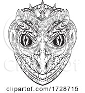 Poster, Art Print Of Head Of A Reptilian Humanoid Or Anthropomorphic Reptile Part Human Part Lizard Line Art Drawing