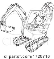 Sasquatch Or Bigfoot Wearing Hardhat Driving A Mechanical Digger Excavator Line Art Drawing Illustration