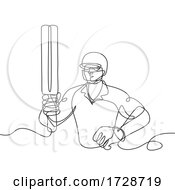 Cricket Batsman Holding Up Bat Front View Continuous Line Drawing