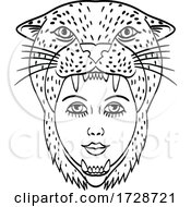 Poster, Art Print Of Amazon Warrior Wearing A Jaguar Headdress Tattoo Style Black And White