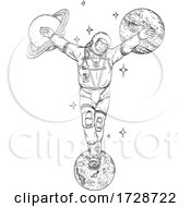 Poster, Art Print Of Astronaut Wearing Spacesuit Crucified On Planet Saturn Jupiter And Moon Line Art Drawing