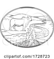 Brahman Bull Standing With Winding River Or Creek Mountain Range And Campfire Line Art Drawing Tattoo Style Black And White