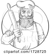 Poster, Art Print Of Hipster Baker With Full Beard Holding A Rolling Pin Front View Drawing Black And White