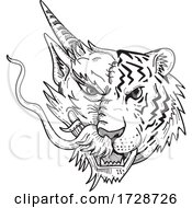 Poster, Art Print Of Head Of A Half Chinese Dragon Half Bengal Tiger Front View Drawing