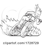 Poster, Art Print Of Motorcycle Driver With Fireball Head Driving Motorbike Flat Track Racing Line Art Drawing Black And White