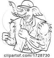 Elephant Wearing Baseball Cap With Ripped Torn Suit Jacket Ready For Fist Fight Line Art Drawing Black And White