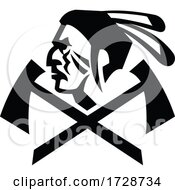 Poster, Art Print Of Head Of Native American Indian Warrior With Crossed Tomahawk Mascot Black And White
