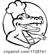 Happy Chef Alligator Gator Or Crocodile Wearing Chef Hat Circle Mascot Retro Black And White by patrimonio