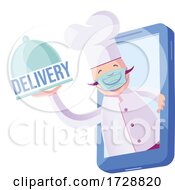 Poster, Art Print Of Chef With Mask Coming Out Of His Cellphone With Plate That Says Delivery