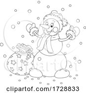 Black And White Christmas Snowman Wearing A Santa Hat
