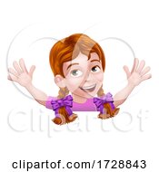 Girl Kid Cartoon Child Peeking Over Sign Waving by AtStockIllustration