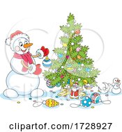 Poster, Art Print Of Christmas Snowman Decorating A Tree