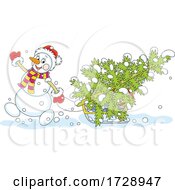 Poster, Art Print Of Snowman Dragging A Christmas Tree On A Sled