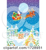 Poster, Art Print Of Santa Flying His Sleigh Over A Town