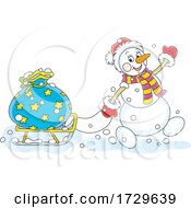 Poster, Art Print Of Santa Snowman Pulling A Sack On A Sled