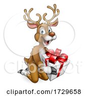 Poster, Art Print Of Christmas Reindeer With Gift Cartoon