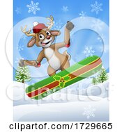 Poster, Art Print Of Christmas Reindeer Snowboarding In Snow Cartoon