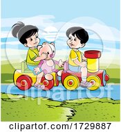 Poster, Art Print Of Children Playing On A Toy Train