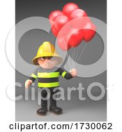 Poster, Art Print Of 3d Fire Fighter Fireman In High Visibility Clothing Holding Some Party Red Balloons