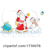 Poster, Art Print Of Santa And Snowman Waving On Christmas