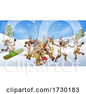 Poster, Art Print Of Christmas Fun Scene Santa Claus Sled Reindeer